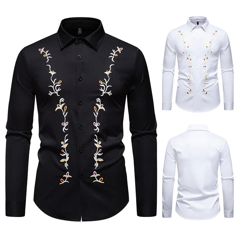 Herren Elegantes besticktes Hemd mit Kentkragen und figurbetonter Slim‑Fit‑Silhouette Drune