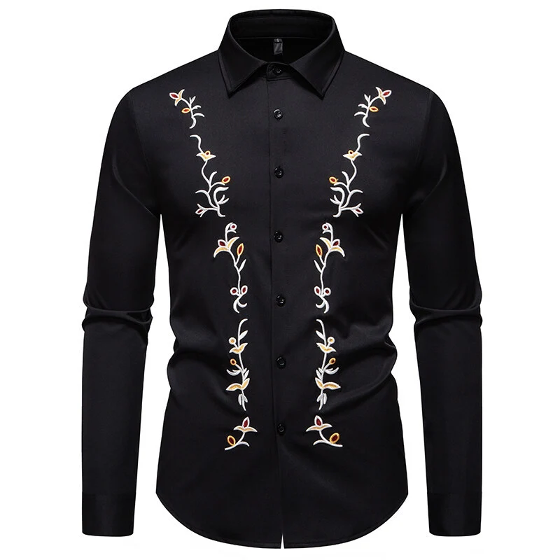 Herren Elegantes besticktes Hemd mit Kentkragen und figurbetonter Slim‑Fit‑Silhouette Drune