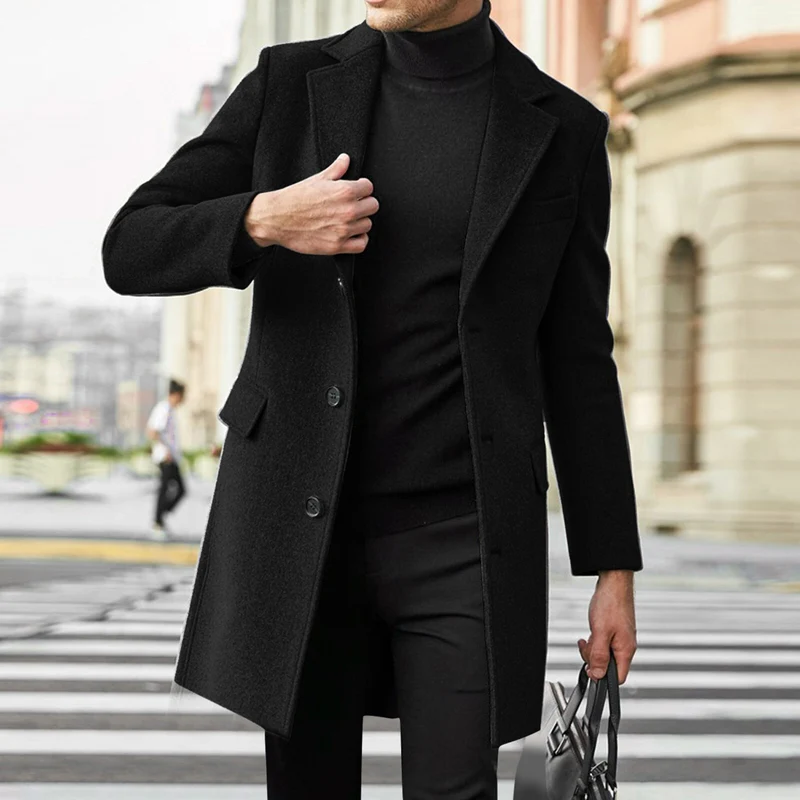 Herren Eleganter Wollmantel mit tailliertem City-Schnitt, Notch‑Revers und Pattentaschen Drune