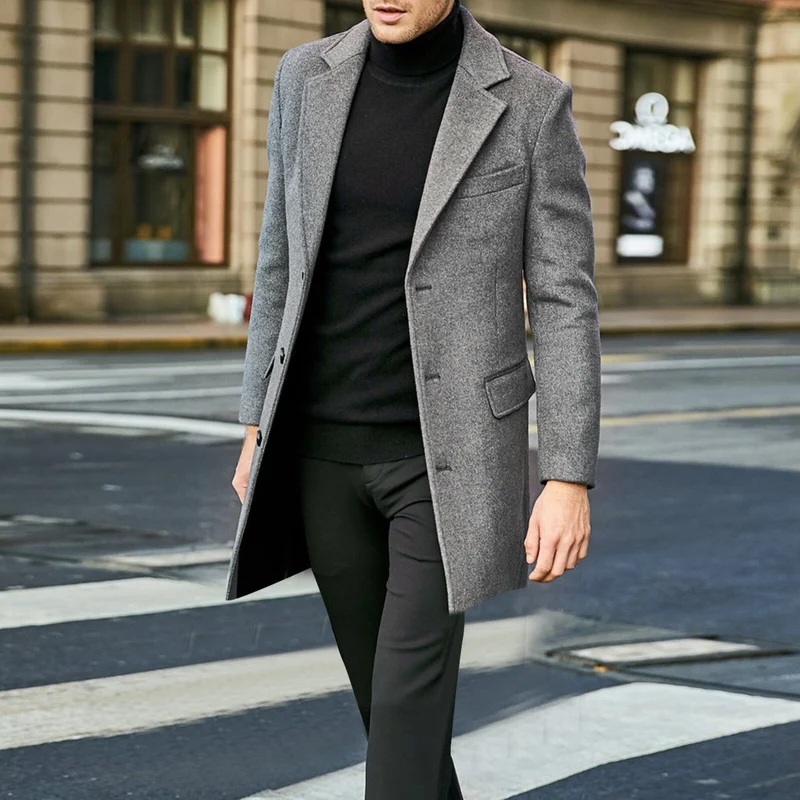 Herren Eleganter Wollmantel mit tailliertem City-Schnitt, Notch‑Revers und Pattentaschen Drune