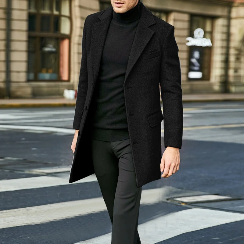 Herren Eleganter Wollmantel mit tailliertem City-Schnitt, Notch‑Revers und Pattentaschen Drune