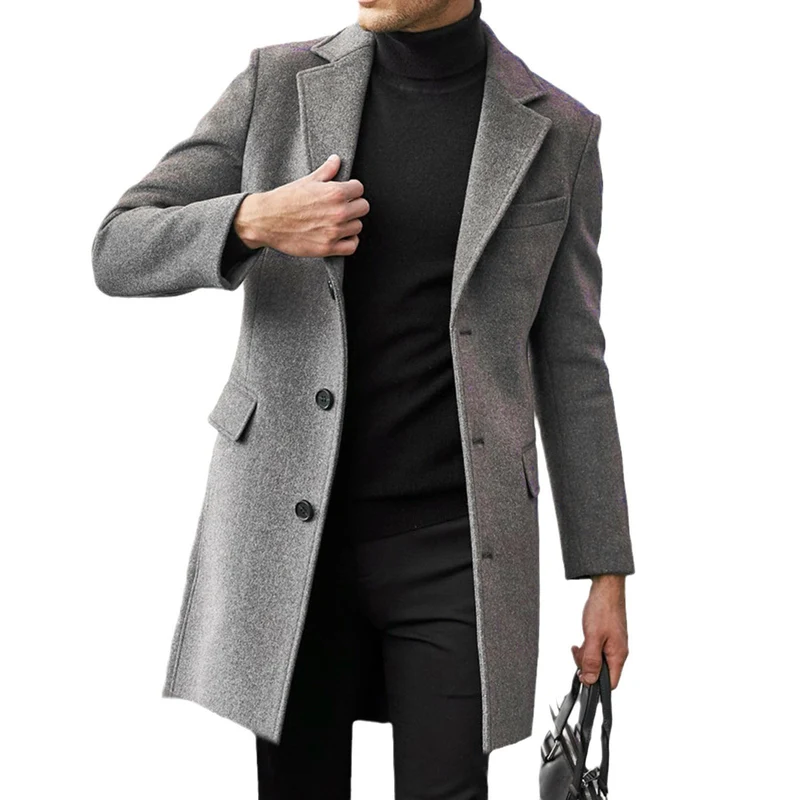 Herren Eleganter Wollmantel mit tailliertem City-Schnitt, Notch‑Revers und Pattentaschen Drune