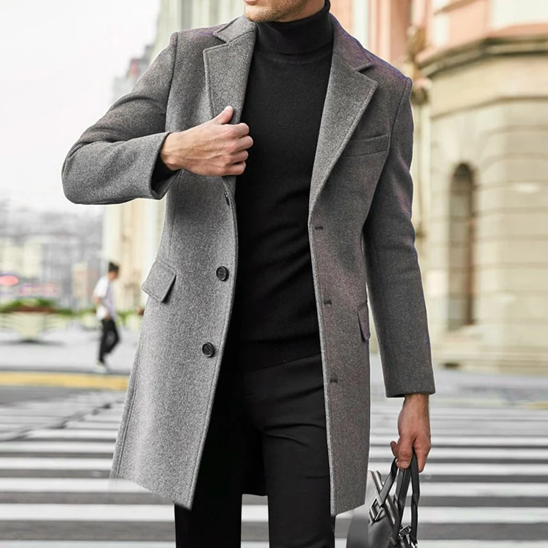 Herren Eleganter Wollmantel mit tailliertem City-Schnitt, Notch‑Revers und Pattentaschen Drune