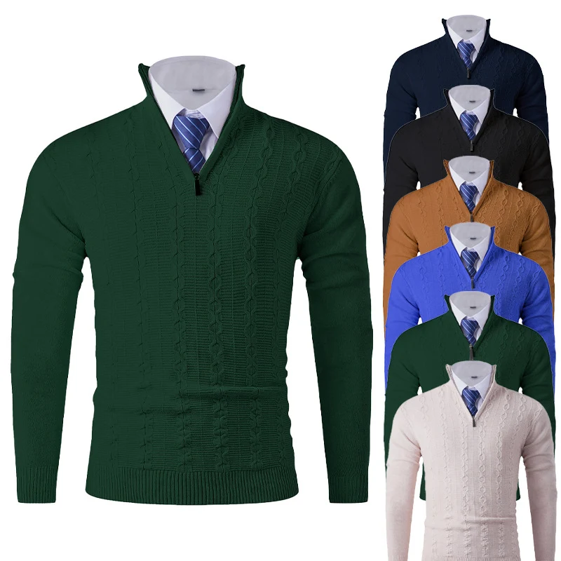 Herren Eleganter Feinstrick-Halbzippullover mit Zopfmuster und Stehkragen Drune