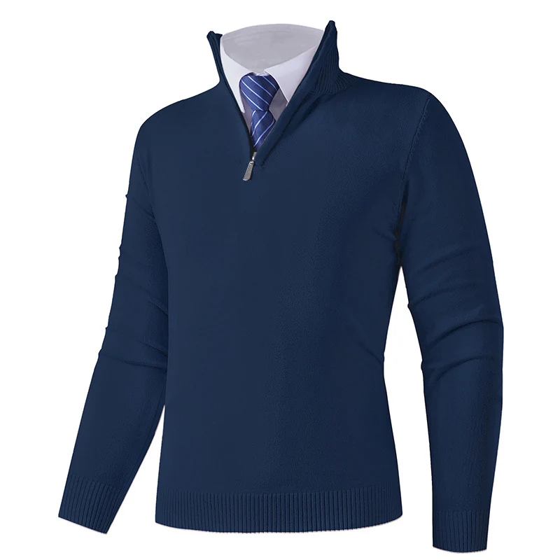 Herren Eleganter Feinstrick-Halbzip-Pullover mit Stehkragen, geripptem Saum und schmaler Silhouette Drune