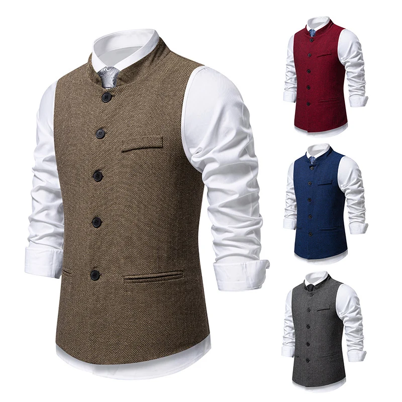 Herren Elegante Tweed-Weste mit Stehkragen und Fischgrätstruktur Drune
