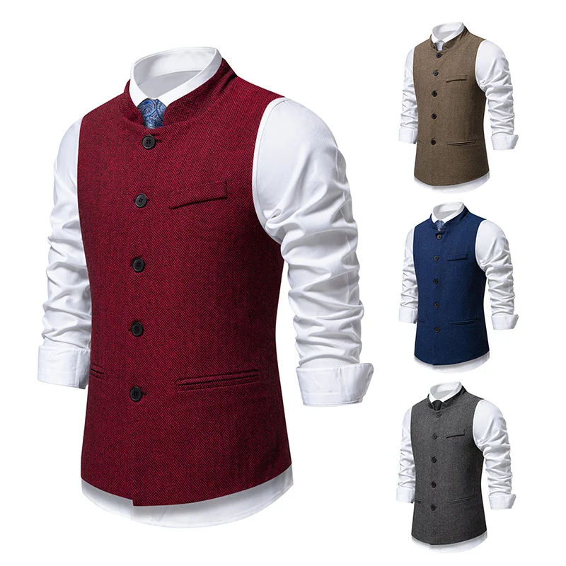 Herren Elegante Tweed-Weste mit Stehkragen und Fischgrätstruktur Drune