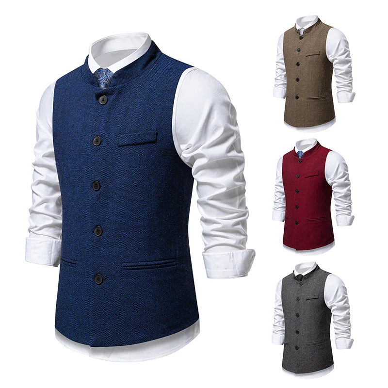 Herren Elegante Tweed-Weste mit Stehkragen und Fischgrätstruktur Drune