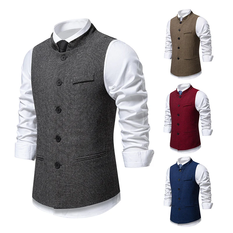 Herren Elegante Tweed-Weste mit Stehkragen und Fischgrätstruktur Drune