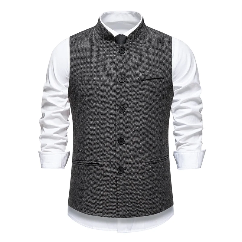 Herren Elegante Tweed-Weste mit Stehkragen und Fischgrätstruktur Drune