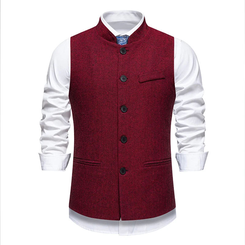 Herren Elegante Tweed-Weste mit Stehkragen und Fischgrätstruktur Drune