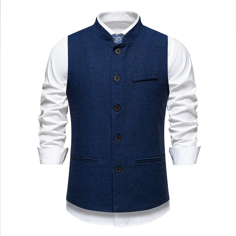 Herren Elegante Tweed-Weste mit Stehkragen und Fischgrätstruktur Drune