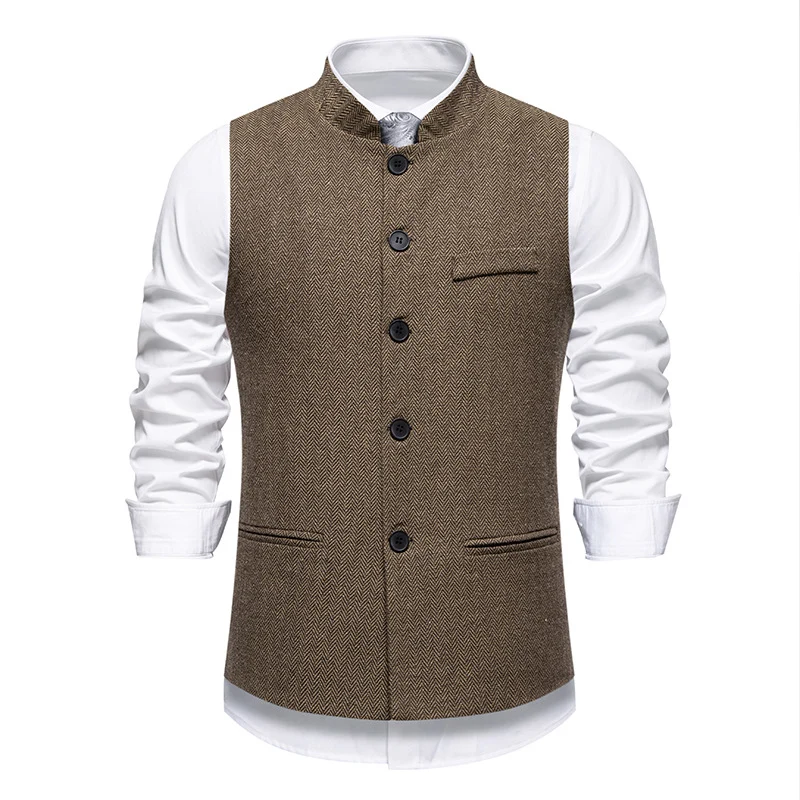 Herren Elegante Tweed-Weste mit Stehkragen und Fischgrätstruktur Drune