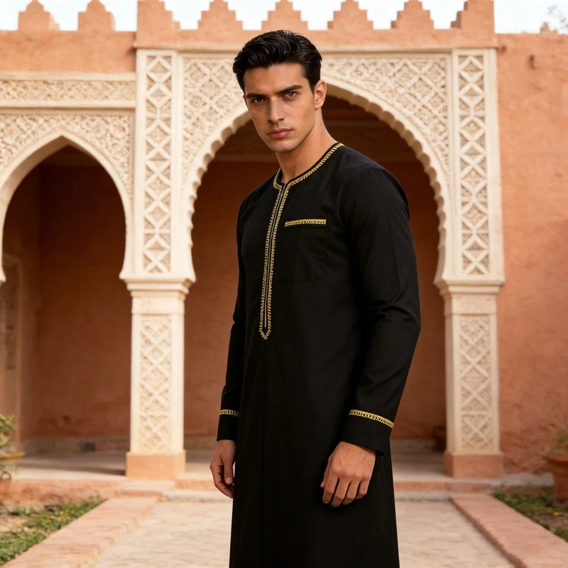 Herren Elegante Langtunika mit Rundhalsausschnitt, Frontreißverschluss und goldener Zierstickerei Drune