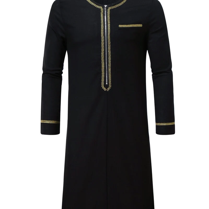 Herren Elegante Langtunika mit Rundhalsausschnitt, Frontreißverschluss und goldener Zierstickerei Drune