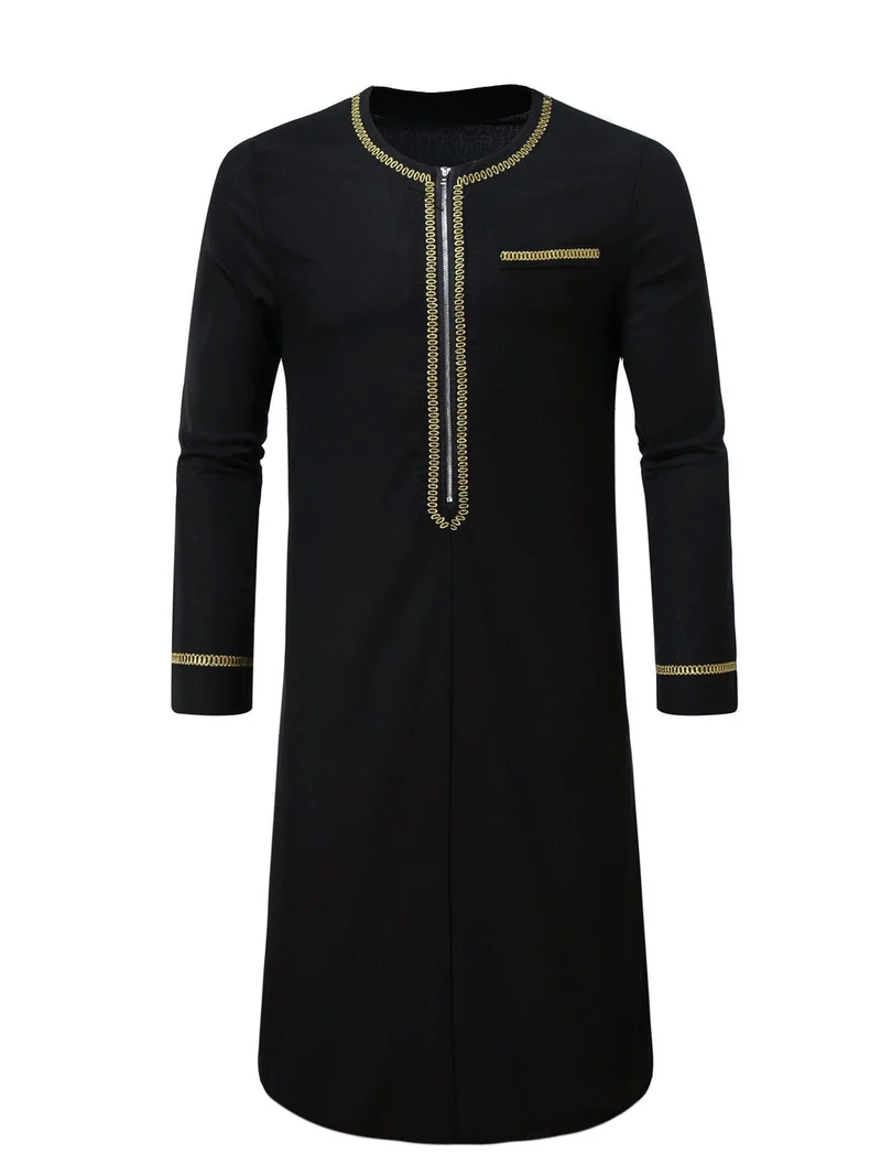 Herren Elegante Langtunika mit Rundhalsausschnitt, Frontreißverschluss und goldener Zierstickerei Drune