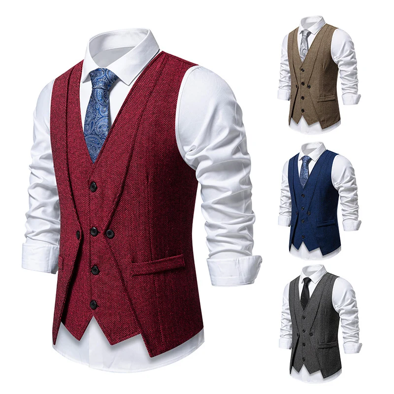 Herren Elegante Fischgräten-Tweedweste mit doppelreihiger Knopfleiste und Pattentaschen Drune