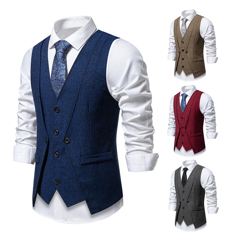 Herren Elegante Fischgräten-Tweedweste mit doppelreihiger Knopfleiste und Pattentaschen Drune