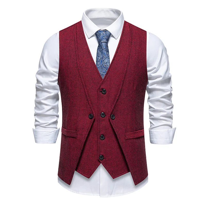 Herren Elegante Fischgräten-Tweedweste mit doppelreihiger Knopfleiste und Pattentaschen Drune