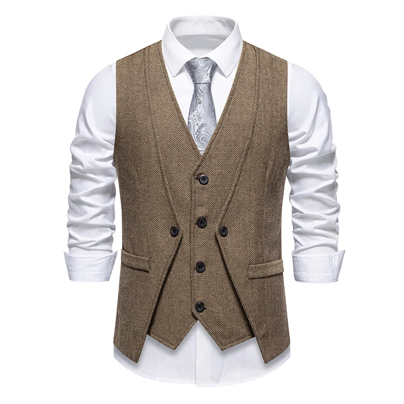 Herren Elegante Fischgräten-Tweedweste mit doppelreihiger Knopfleiste und Pattentaschen Drune