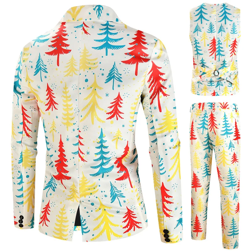 Herren Dreiteiliger Anzug mit festlichem Tannenbaum‑Print, tailliertes Sakko, Weste & Hose Drune