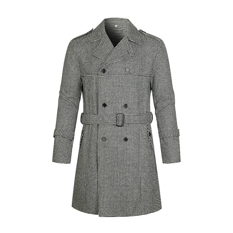 Herren Doppelreihiger Trenchcoat mit Hahnentritt‑Muster, tailliertem Schnitt und Bindegürtel Drune