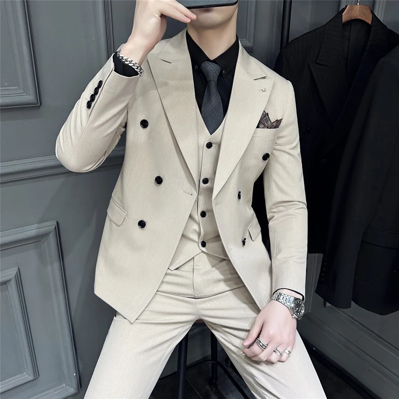 Herren Doppelreihiger Slim‑Fit Business‑Anzug mit tailliertem Sakko und schmaler Anzughose Drune