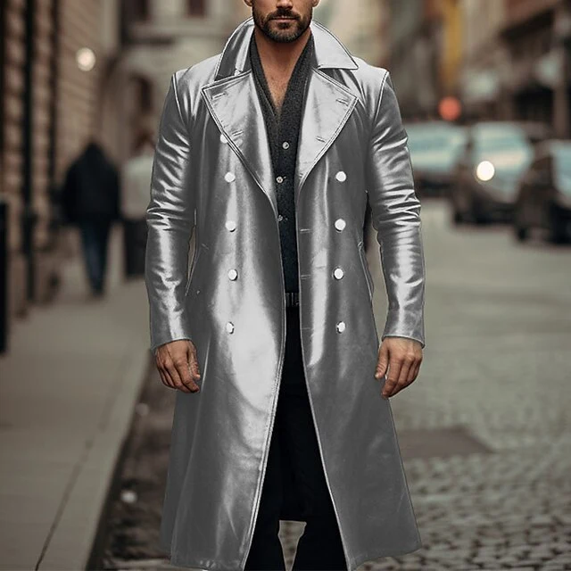 Herren Doppelreihiger Ledermantel im Trenchcoat‑Stil mit schmaler Taille Drune