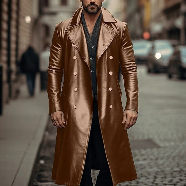 Herren Doppelreihiger Ledermantel im Trenchcoat‑Stil mit schmaler Taille Drune