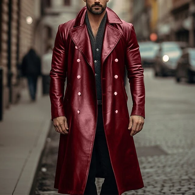 Herren Doppelreihiger Ledermantel im Trenchcoat‑Stil mit schmaler Taille Drune