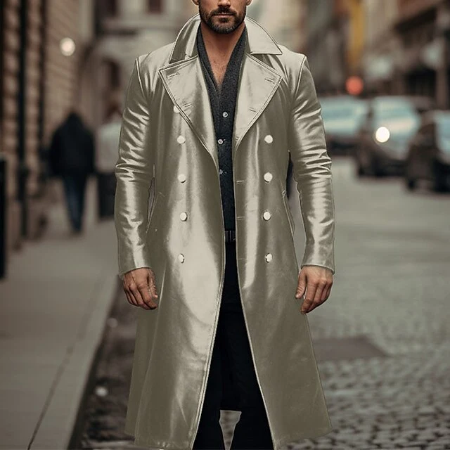 Herren Doppelreihiger Ledermantel im Trenchcoat‑Stil mit schmaler Taille Drune