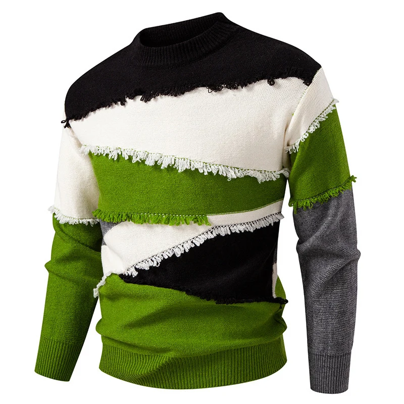 Herren Colorblock-Strickpullover mit Fransenbesatz und kurzem Stehkragen Drune
