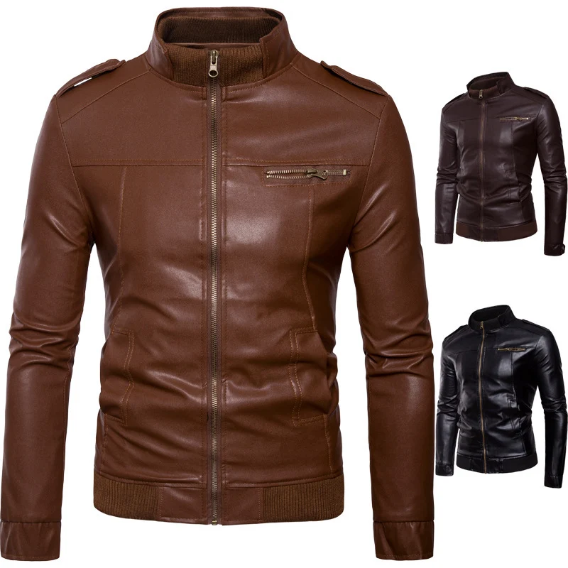 Herren Bikerinspirierte Kunstleder-Bomberjacke mit Stehkragen, Rippbündchen und Schulterpatten Drune