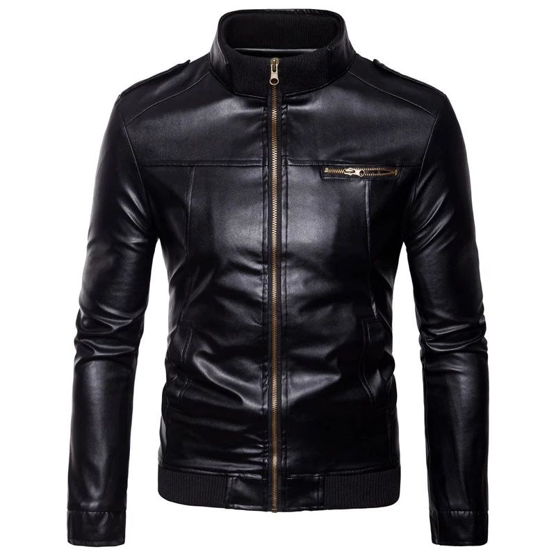 Herren Bikerinspirierte Kunstleder-Bomberjacke mit Stehkragen, Rippbündchen und Schulterpatten Drune