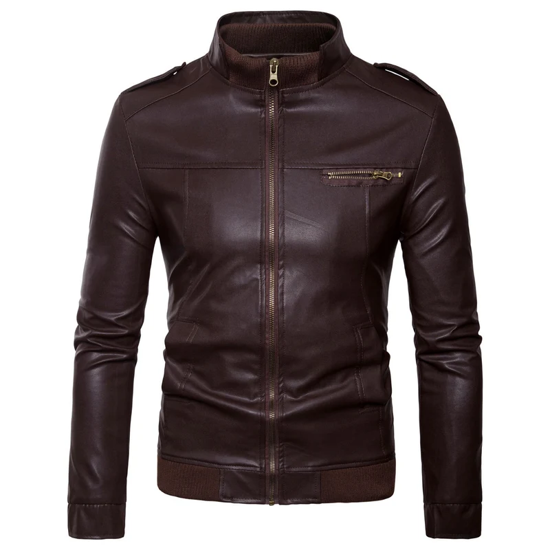 Herren Bikerinspirierte Kunstleder-Bomberjacke mit Stehkragen, Rippbündchen und Schulterpatten Drune