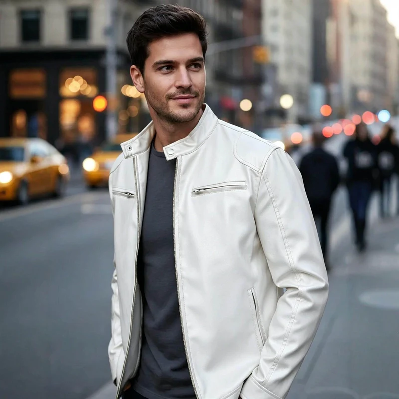 Herren Biker‑Style Kunstlederjacke mit Stehkragen und Reißverschlusstaschen Drune