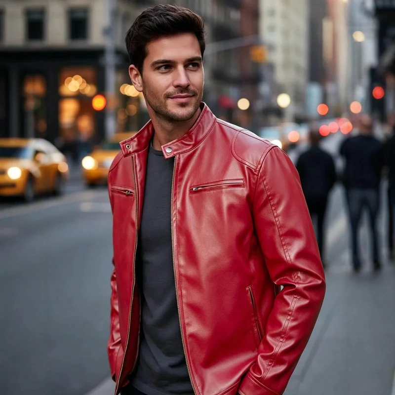 Herren Biker‑Style Kunstlederjacke mit Stehkragen und Reißverschlusstaschen Drune