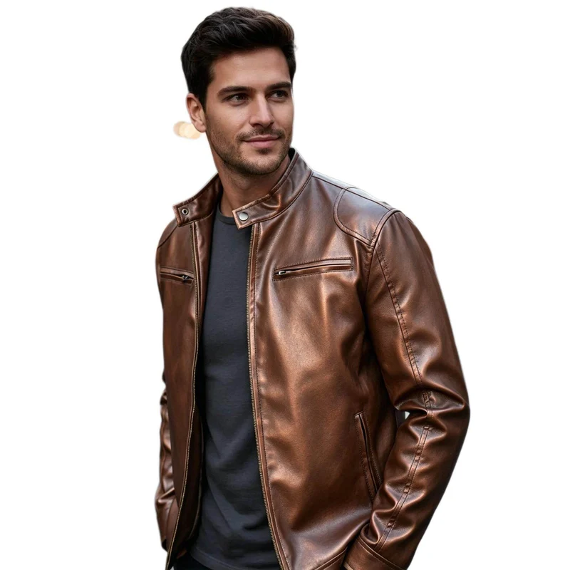 Herren Biker‑Style Kunstlederjacke mit Stehkragen und Reißverschlusstaschen Drune