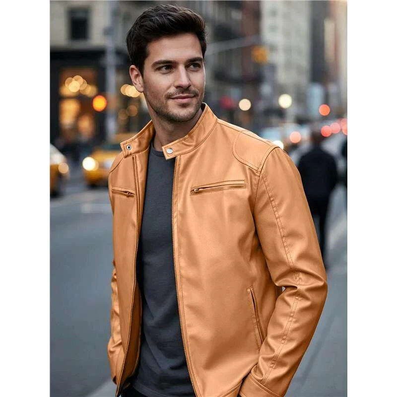 Herren Biker‑Style Kunstlederjacke mit Stehkragen und Reißverschlusstaschen Drune