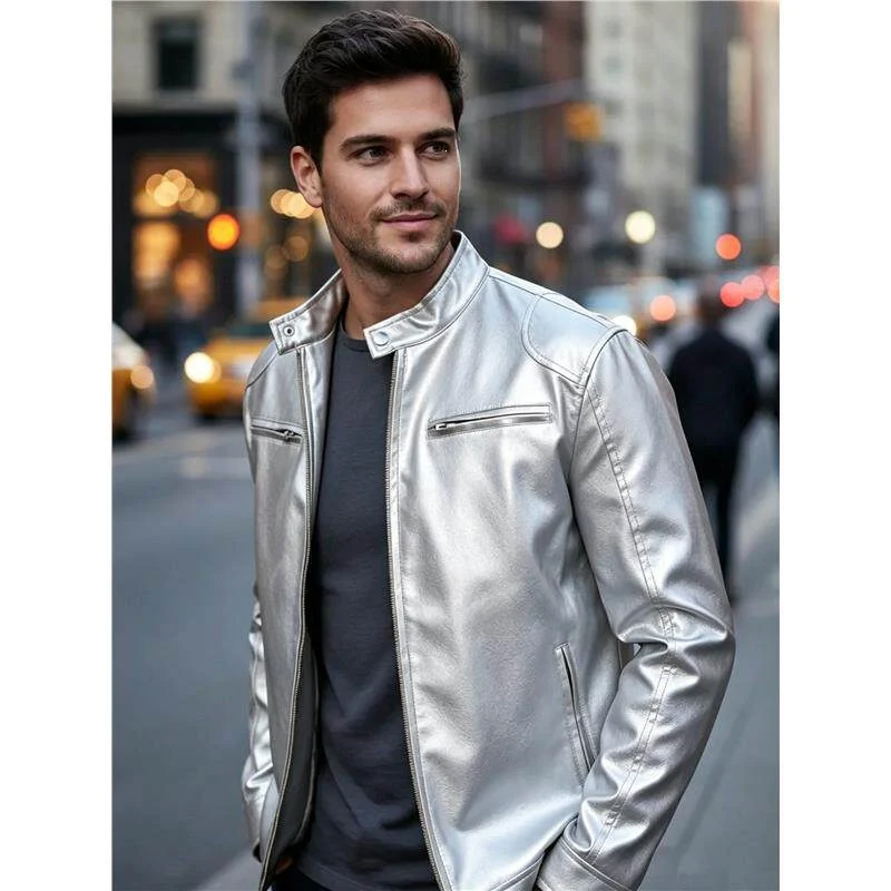 Herren Biker‑Style Kunstlederjacke mit Stehkragen und Reißverschlusstaschen Drune
