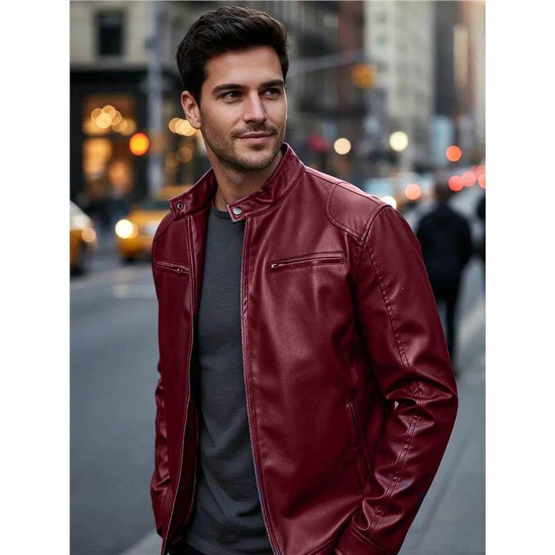 Herren Biker‑Style Kunstlederjacke mit Stehkragen und Reißverschlusstaschen Drune