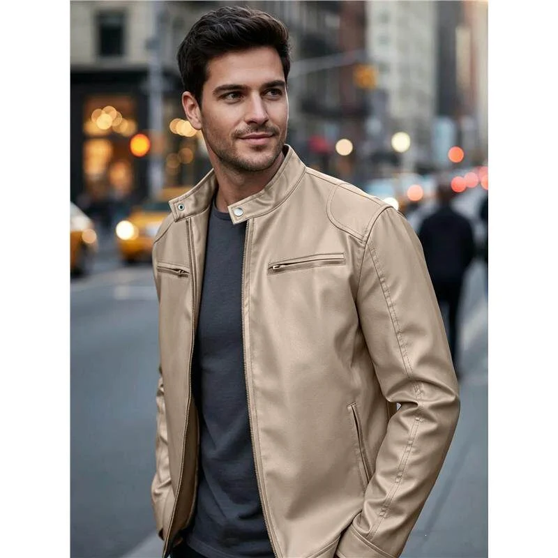 Herren Biker‑Style Kunstlederjacke mit Stehkragen und Reißverschlusstaschen Drune