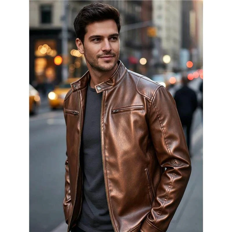 Herren Biker‑Style Kunstlederjacke mit Stehkragen und Reißverschlusstaschen Drune