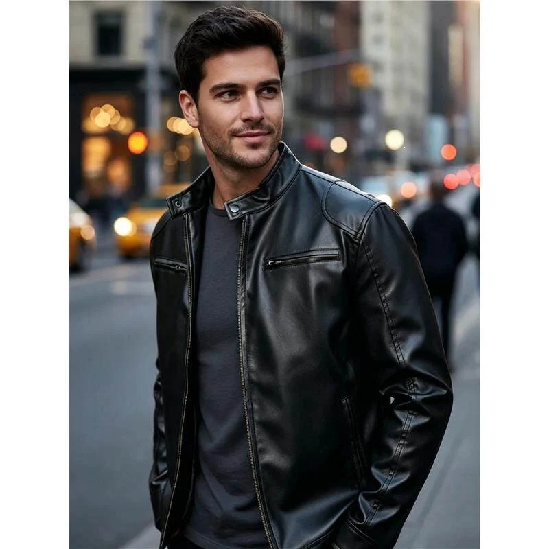 Herren Biker‑Style Kunstlederjacke mit Stehkragen und Reißverschlusstaschen Drune