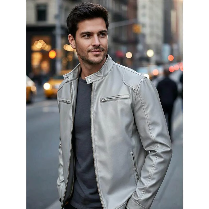 Herren Biker‑Style Kunstlederjacke mit Stehkragen und Reißverschlusstaschen Drune