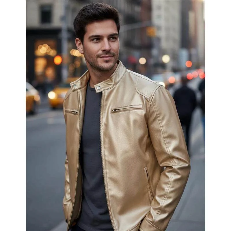 Herren Biker‑Style Kunstlederjacke mit Stehkragen und Reißverschlusstaschen Drune