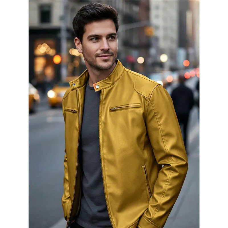 Herren Biker‑Style Kunstlederjacke mit Stehkragen und Reißverschlusstaschen Drune