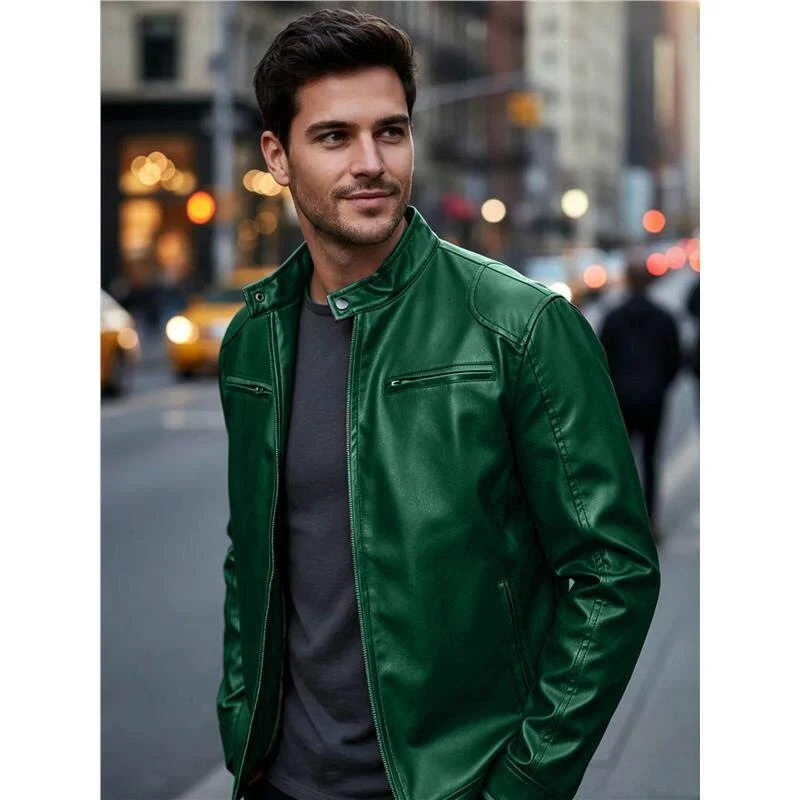 Herren Biker‑Style Kunstlederjacke mit Stehkragen und Reißverschlusstaschen Drune