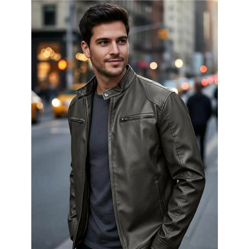 Herren Biker‑Style Kunstlederjacke mit Stehkragen und Reißverschlusstaschen Drune
