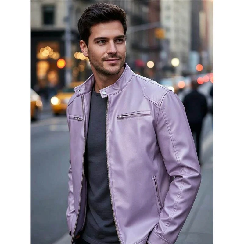 Herren Biker‑Style Kunstlederjacke mit Stehkragen und Reißverschlusstaschen Drune
